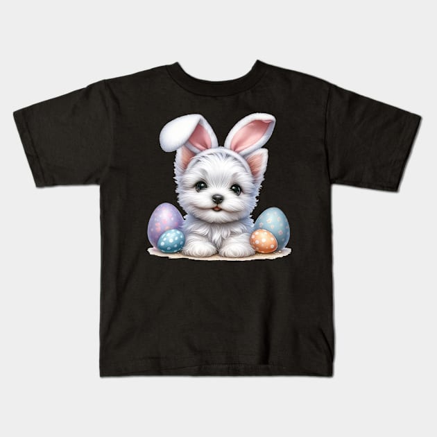 Puppy West Highland White Terrier Bunny Ears Happy Easter Day Kids T-Shirt by cyberpunk art